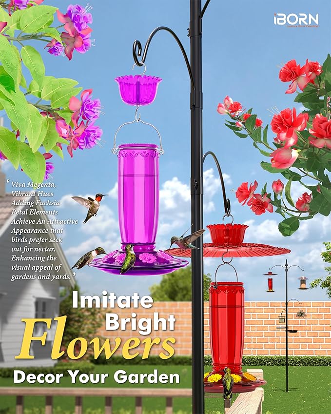 iBorn Hummingbird Feeder for Outdoors Hanging with Ant Moat for Hummingbird Feeder 8 Ports for 16oz Hummingbird Nectar, Pack of 2, Red Bottle Red Base & Fuchsia Bottle Fuchsia Base