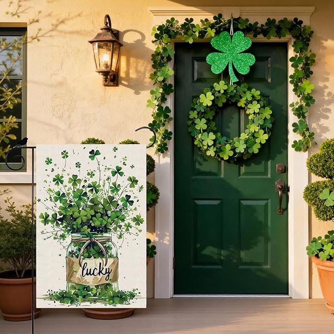 Lucky St. Patrick's Day Green Shamrocks Four-leaf Clovers Glass Bottle Garden Flag Yard Flag 12x18 Inch Double Sided Small Mini Yard Outdoor Outside Holiday Decoration