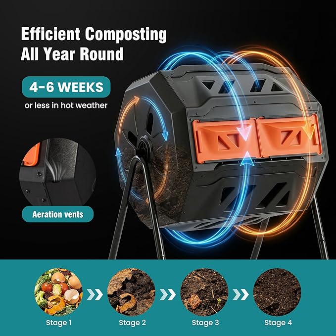 OLIXIS Compost Bin Outdoor 43 Gallon, Dual Chamber Composter Tumbler Outdoor with Gloves, Efficient 360°Rotating Composting Bin for Patio, Lawn, Home Gardening and Landscape, Black/Orange