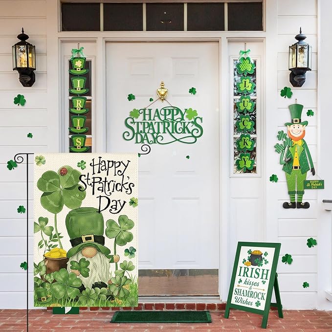 AVOIN colorlife Happy St Patricks Day Garden Flag 12x18 Inch Double Sided Outside, Leprechaun Gnome Lucky Clover Holiday Yard Outdoor Flag