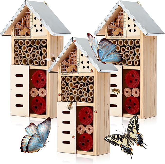 Maitys 3 Pcs Wooden Mason Insect Bee Hotel Butterfly House Natural Ladybug House Bug Hotel for Garden Outdoor Butterfly Ladybugs Live Bee Box Attracts Pollinators, 10 x 5.5 x 2.5 Inch