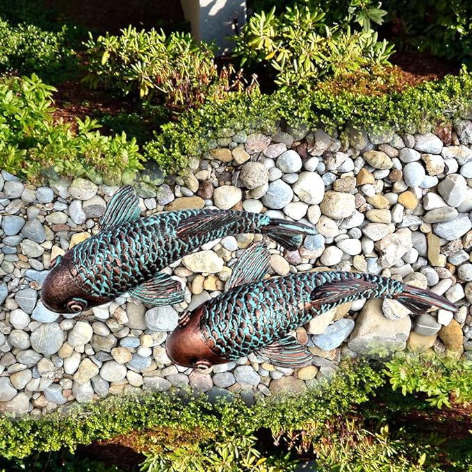 Garden Sculptures & Statues,Koi Fish Decor,Garden Fish Art,Set of 2 Antique Koi Fish Yard Art Decor for Outdoors,Patio,Yard,Lawn,Pond,Home Decoration (Bronz)