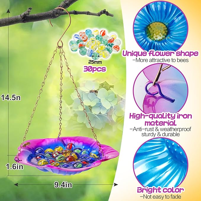 Bee Feeder with Vivid Hibiscus Design - Anti-Rust Iron Bee Watering Station for Feeding, Colorful Butterfly Bath Bowl Bee Cups with 30 Glass Marbles for Outdoor Yard Garden Decor Gifts (Purple)
