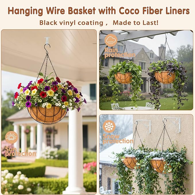 Metal Hanging Baskets for Plants Outdoor 4 Pack Round Metal Wire Hanging Basket Planter (Grid, 10 Inch)