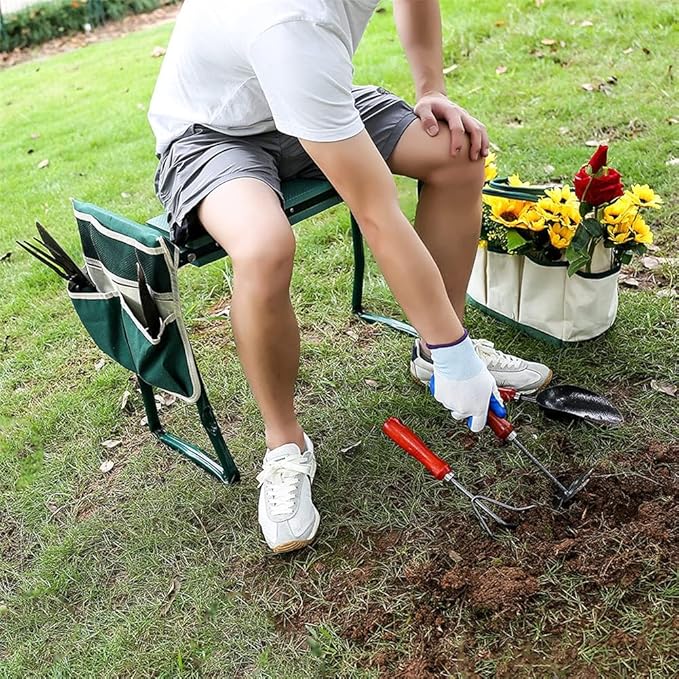 Garden Kneeler Seat Garden Stools Foldable Stool with Tool Bag Pouch EVA Foam Pad Capacity-Protects Your Knees for Gardening(Large-23.6" x 10.6" x 19.3") Tool kit（wh000005）