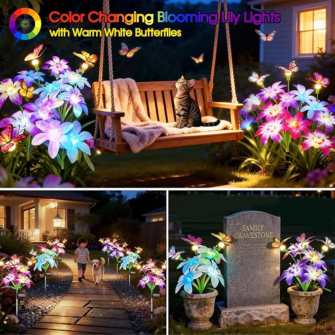 Garpar Solar Lily Lights with Swaying Butterflies, Upgraded Garden Solar Lights Outdoor Decorative, Waterproof Color Changing Garden Decor for Outside Yard Lawn Pathway Gift for Mom Women Grandma