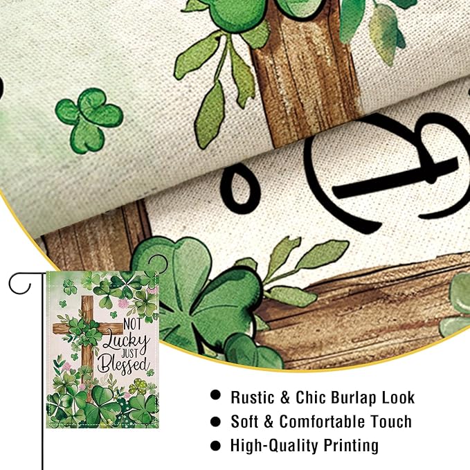 Artofy Christian St Patricks Day Small Decorative Garden Flag, Religious Cross Shamrock Clover Not Lucky Just Blessed Yard Outside Decor, Irish Spring Outdoor Home Decoration Double Sided 12 x 18