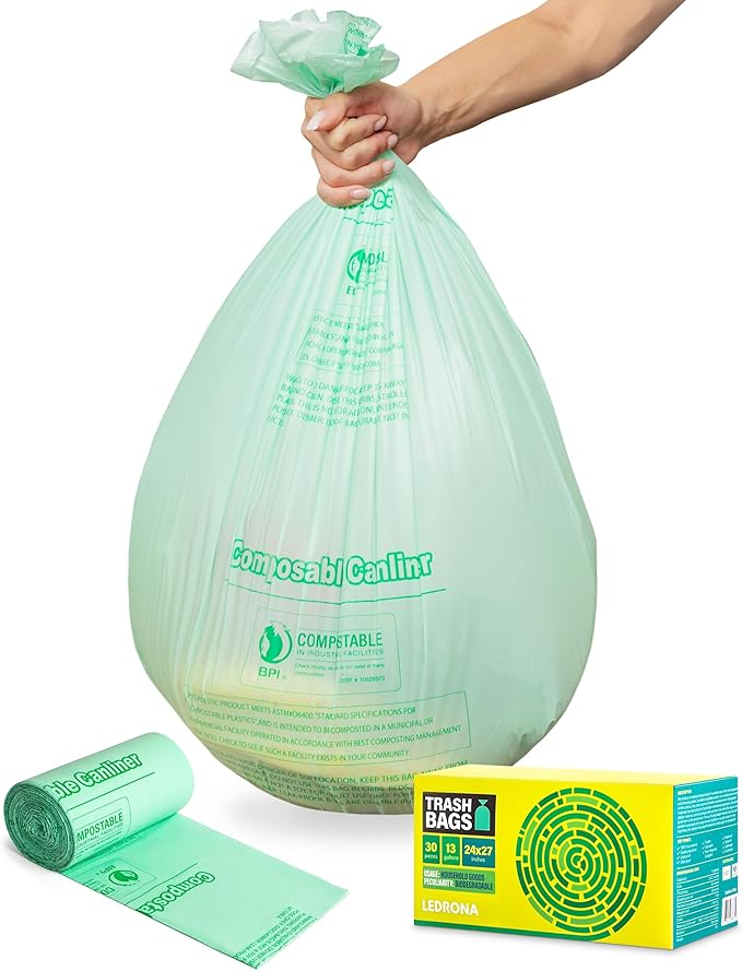 30 Compostable Trash Bags - 13 Gallon Garbage Bags for Kitchen Bin - Unscented, Leak Proof, Extra Strong - Disposable Food Waste Basket Liners - Certified by BPI & OK compost HOME by TÜV AUSTRIA