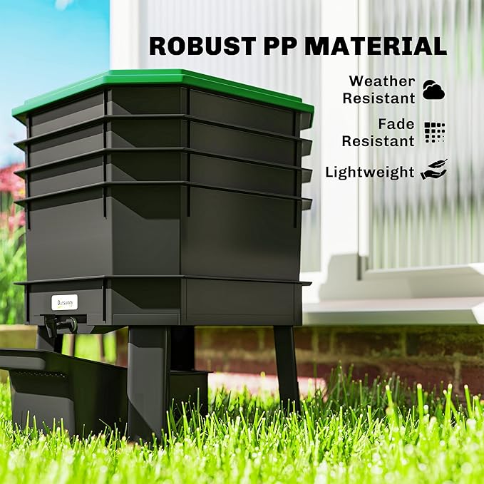 Outsunny 4-Tray Worm Composter Bin, 7.4 Gal Outdoor & Indoor Worm Composter, Farm Starter Kits for Vermicomposting Starter, Garden Composting Bin for Recycling Food Waste, Dark Green