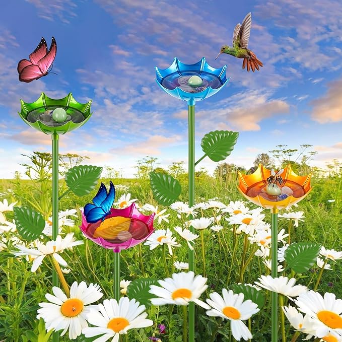 Bee Watering Station | 2 Pack Butterfly Feeder for Outside | Metal Decorative Garden Stakes | Bee Baths for Garden Yard Decor Umbrella Design (Blue,Yellow)