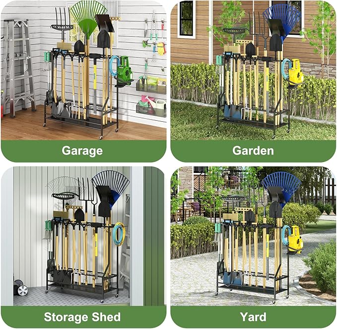 GILLAS Garden Tool Organizer for Garage, Utility Storage Racks with Hooks, Metal Yard Tool Stand Holder Organizer for Long-Handled, Broom, Shovel, Rake, Sturdy Heavy Rack for Outdoor, Yard, Black