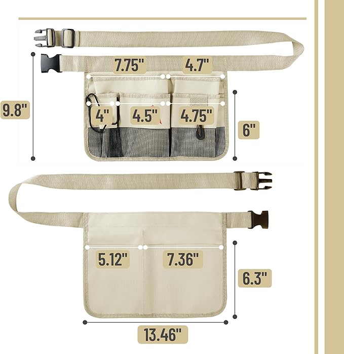UNCO- Adjustable Gardening Belt, Beige, 7 Pockets, Wear, Cut and Water Resistant, Garden Tool Belt Pouch, Waist Apron with Pockets