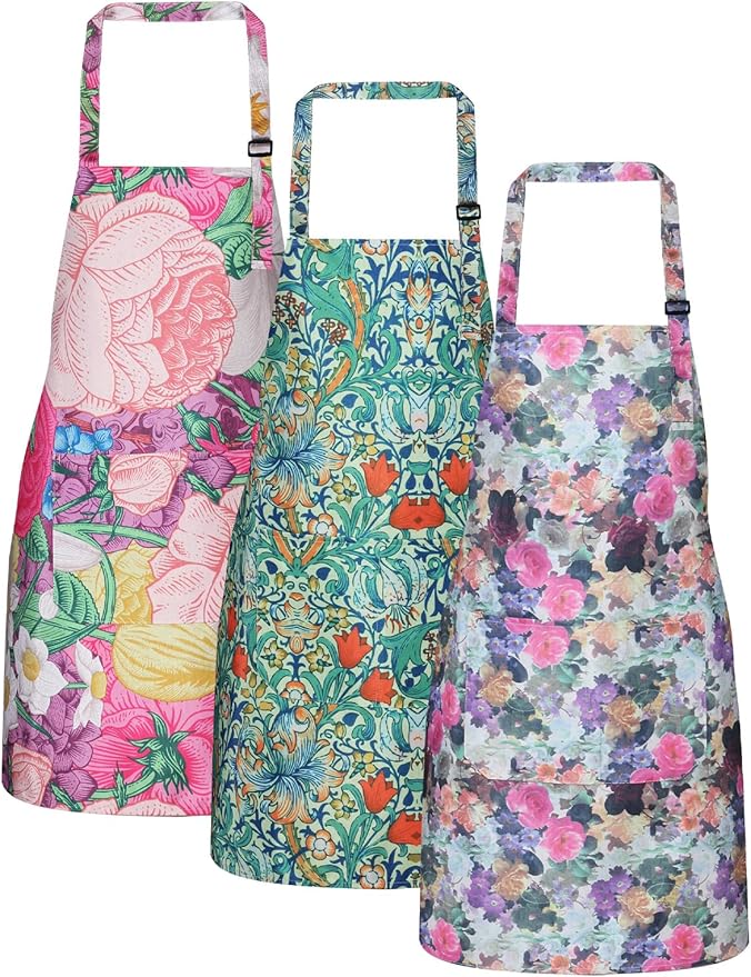 3 Pack Waterproof Floral Aprons for Women, Adjustable Strap Apronwith Pocket Multi-Use for Kitchen, Art, Garden