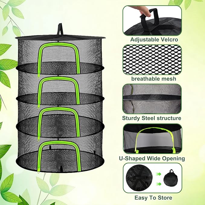 4 Layer Herb Drying Rack, Hanging Mesh Net, Foldable Plant Drying Rack With U-Shaped Zipper, Garden Trimming Shears and Hooks, For Drying Herbs Plants, Fruits, Seafood, Clothing(4 Layers-23.62'')