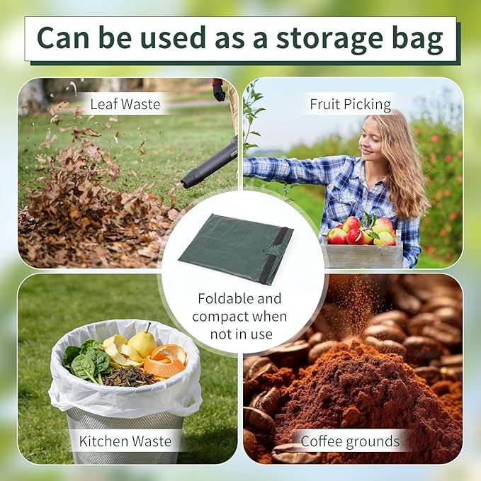 Compost Bin Bags, Outdoor Reusable Yard Waste Lawn Bags, Heavy Duty Garden Composting Garbage, Outdoor Container with Zipper Lid and Handles for Loading Leaf Trash, Green