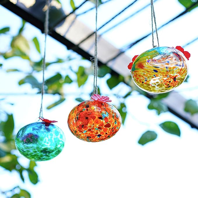 Set 3 Small Blown Glass Hummingbird Feeders for Outdoors Hanging with 2 Flower Feeding Ports 3inch Glass Humming Bird Feeders Garden Decor for Outside