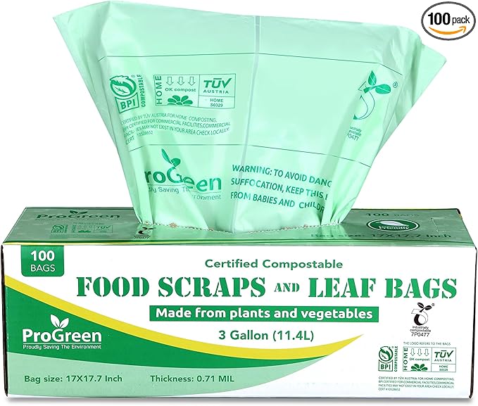 ProGreen Compostable Trash Bags 3 Gallon, Extra Thick 0.71 Mil, 100 Count, Small Kitchen Compost Bin Bags, Food Scraps Yard Waste Bags, Compost ASTM D6400 BPI and TÜV AUSTRIA Certified