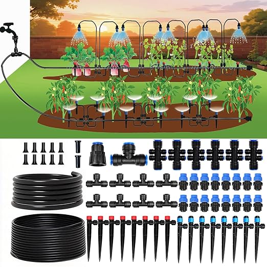 230FT Drip Irrigation System Kit, Garden Watering System with Quick Push-to-Connect 1/2'' & 1/4'' Tubing, Adjustable Drippers & Sprayers, Auto Irrigation System for Garden Raised Bed, Lawn, Greenhouse