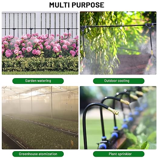 360° Adjustable Drip Irrigation System - 100FT Garden Watering System with 32 Nozzles, Garden Irrigation System, Greenhouse Accessories, Atomizing System for Yard, Lawn, Plants, 5/16 inch Hose
