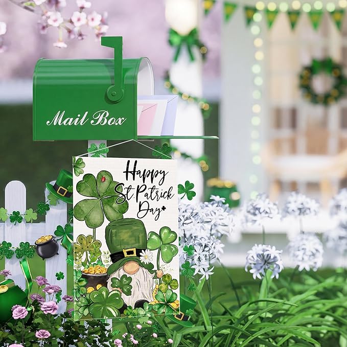 St Patricks Day Garden Flag 12x18 Inch Double Sided Outside, Shamrocks Clovers Gnome with Coin Pot Flag Burlap Happy St Patricks Day Decorations Outdoor Yard Decor
