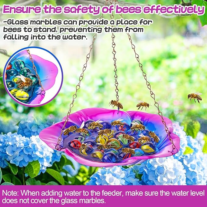 Bee Feeder with Vivid Hibiscus Design - Anti-Rust Iron Bee Watering Station for Feeding, Colorful Butterfly Bath Bowl Bee Cups with 30 Glass Marbles for Outdoor Yard Garden Decor Gifts (Purple)