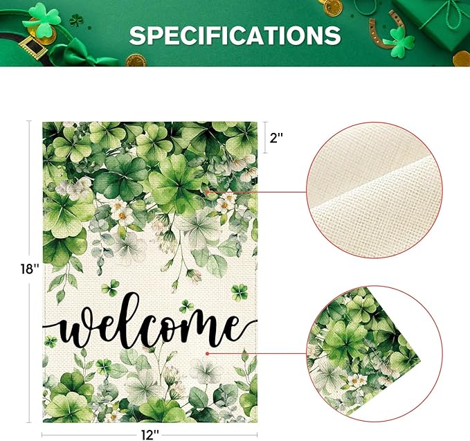 AVOIN colorlife St Patricks Day Floral Garden Flag 12x18 Inch Double Sided Outside, Shamrock Lucky Clover Welcome Yard Outdoor Flag