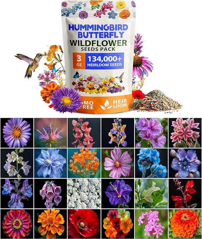 HOME GROWN Premium Wildflower Seeds Bulk - 134,000+ Non-GMO USA Native Seeds for Planting Outdoors - 23 Varieties Wild Flower Mix for Butterfly Garden, Perennial & Annual Flowers (3oz)