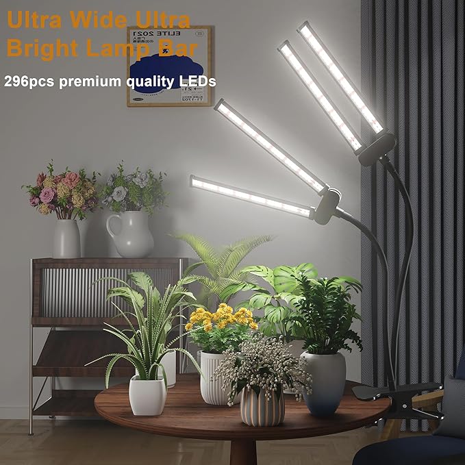 Juhefa LED Grow Light,Super Bright 6000K White Full Spectrum Clip Plant Growing Lamp with Rotatable Dual Head for Indoor Desk Plants,Dimmable & Timer 4/8/12H,High Power Output for Faster Growth,2-Head