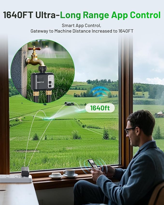 [All-New 2027] 1640FT WiFi Sprinkler Timer 2 Zone, Unistyle Smart Hose Timers Compatible Alexa & Google Voice and App Control, Water Timer for Garden Hose with Auto & Manual Modes for Garden Lawn