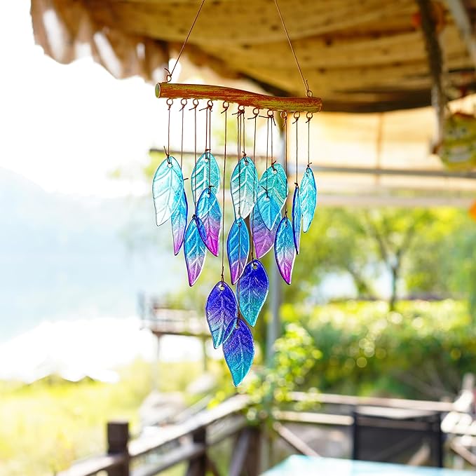 Wind Chimes for Outside,Stained Glass Leaves Wind Chimes Indoor Outdoor Hanging Decor Handmade 12.5" Garden Chimes for Windows, Patio,Backyard Decor Ornament for Christmas Tree