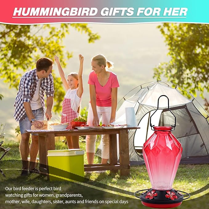 Glass Hummingbird Feeder for Outdoors Hanging, 25Oz Humming Bird Nectar Feeder, Perch, 5 Flower Feeding Ports, Leak Proof Base, Hook for Outside Garden Backyard, Gift for Women Mom, Diamond Red