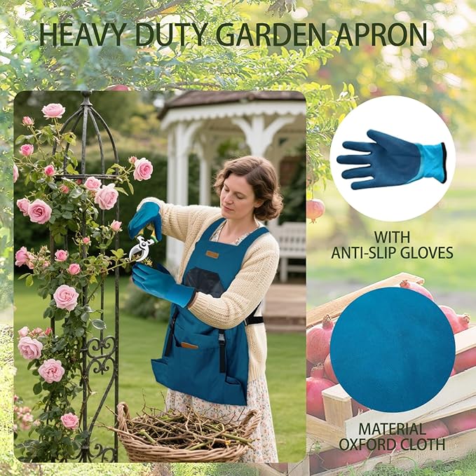 Garden Harvest Apron for Women & Men, Garden Aprons with Pockets and Gloves, Adjustablecross Back Waterproof Apron Great Gift for Love Gardening and Planting