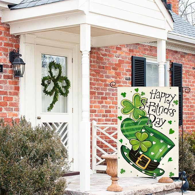 AVOIN colorlife Happy St Patricks Day Garden Flag 12x18 Inch Double Sided Outside, Shamrock Lucky Clover Hat Yard Outdoor Flag
