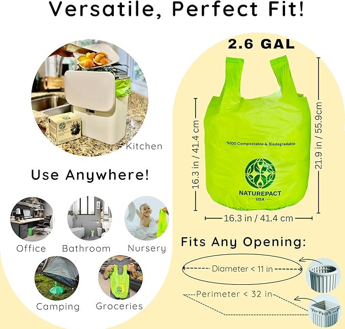 Extra Thick 1 MIL Compostable Trash Bags with Handles, 2.6 Gallon - Heavy Duty, Ultra Durable, Leak Proof, Kitchen Compost Bin Compatible, 50 Count, Handle-Tie