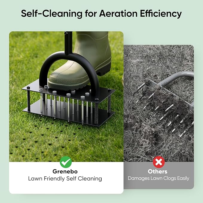Lawn Aerator Manual Aerator Lawn Tool with 16 Spikes, Metal Grass Aerator for Yard, Lawn Aeration, Automatic Soil Ejection, Pre-Assembled Lawn Aerator Tool (Black Green)