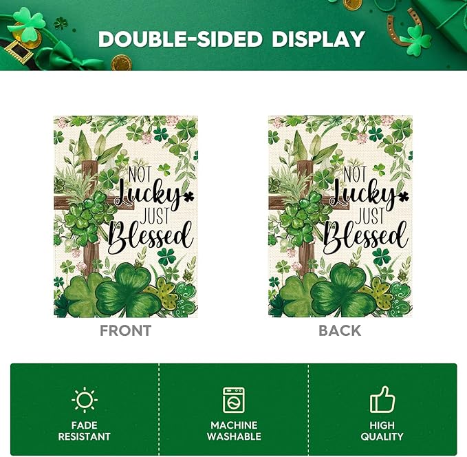 AVOIN colorlife St Patricks Day Garden Flag 12x18 Inch Double Sided Outside, Not Lucky Just Blessed Shamrocks Clovers Cross Yard Outdoor Flag