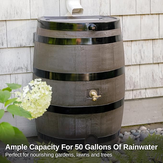 RTS Home Accents Polyethylene 50 Gallon Flat Back Dual Brass Spigot Rain Barrel, Woodgrain with Black Stripes Color