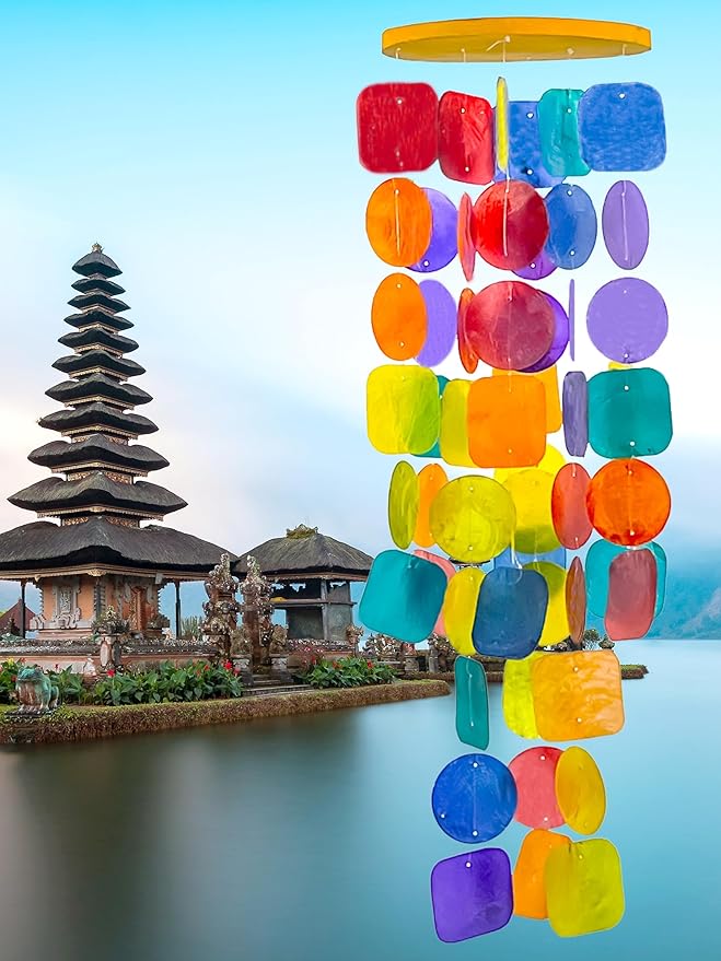 Bellaa Handmade Wind Chimes Outdoor, Musical, Garden Decorations, Beach, Ocean, Breeze, Gifts for Mom, Outside Windchimes, 63pcs, Capiz, Shells, Sea, Glass, Wood, Rainbow