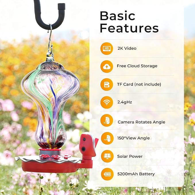 TT Nature Glass Smart Hummingbird Feeder with Camera Solar Powered 2K- AI Identify & Water Detection, Instant Notification, Leakproof & Ant Moat, Compatible with Alexa & Google Assistant