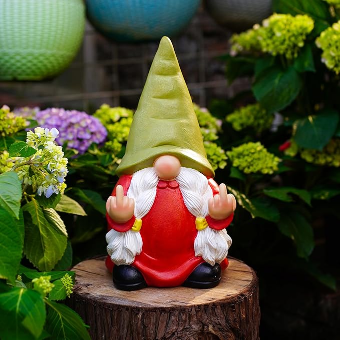Middle Finger Gnome Statue 12.4in Female, Large Naughty Garden Gnome Statue Decoration and Lawn Ornament - Funny Garden Gnomes for Outdoor or Home Decor