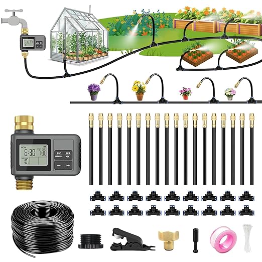 120 Ft Drip Irrigation System with Smart Water Timer – Automatic Garden Watering Kit with Solid Brass Metal Connectors, 360° Adjustable Nozzles & Bendable Tubing for Garden, Greenhouse & Lawn