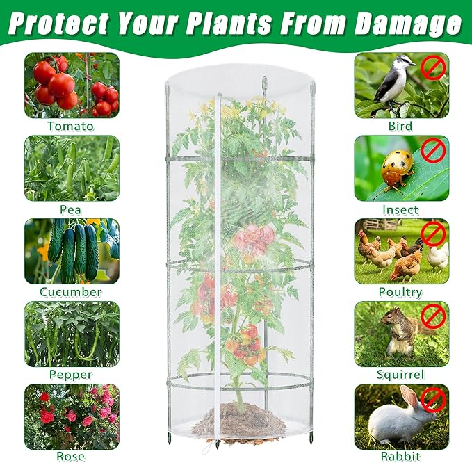 3 Pack Garden Netting for Round Plant Cage, 55" x 15" Tomato Cage Bird Netting Mesh Plant Cover with Zipper, Tomato Trellis Pest Barrier Garden Protection Net Cover for Climbing Plants Vegetables