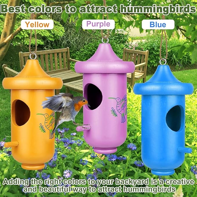 Hummingbird House for Outside Hanging, Garden Window Decorative Wooden Humming Bird Nest 3 Pack Blue Yellow Purple, Hummingbird Gifts for Garden Lovers, Great Home Decoration