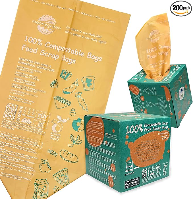 Compostable Trash Bags, 2.6 Gallon, 9.84 Liter, 200 Count, Extra Thick, Food Scrap Small Kitchen Waste Bags, US BPI ASTM D6400 and Europe OK Compost Home Certified