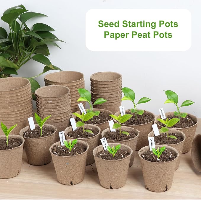 65 Pcs Organic Peat Pots, 3.15 Inch Nursery Pot, Round Plant Seedling Pots with Drainage Holes, Small Seed Starting Starter Tray Bulk, Garden Germination Container with 65 Planting Labels