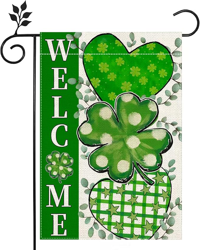 St. Patrick's Day Garden Flag 12x18 Inch Double Sided for Outside Green Clover Heart Small Burlap welcome Holiday Outdoor Lawn Farm House Yard Flag Decor