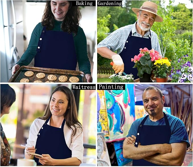 Adjustable Button Apron for Women Men Artist Painting Pottery Garden Cooking Kitchen Chef 3 Pockets Waterproof M-XXL