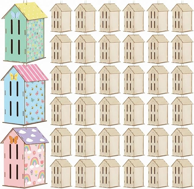 DoubleFill 48 Pack Wood Butterfly House Painting Crafts Kits My First Butterfly House DIY Art Craft Kit with Hemp Rope DIY Cedar Wooden Birdhouse for Building Bee Ladybug Habitat (No Paint
