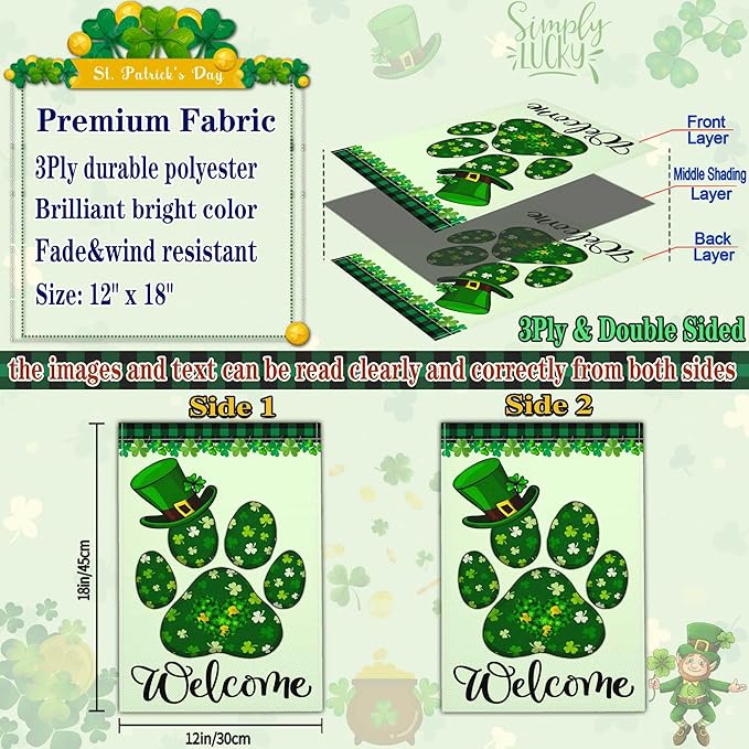 St Patricks Day Garden Flag Shamrock Lucky Irish Blessing Garden Flag Happy St Patrick's Day Yard Decor Garden Flags for Outside 12×18 Inch Double Sided Outdoor House Holiday Decorations