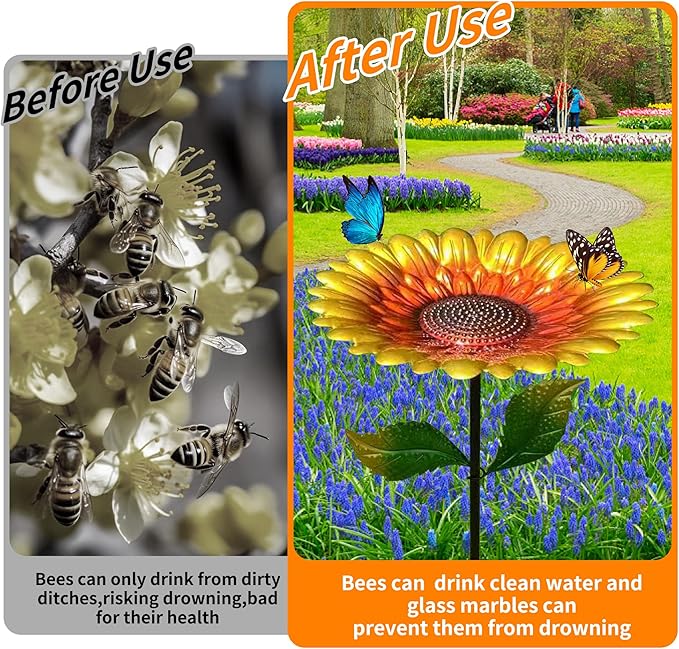 Yellow Standing Bee & Butterfly Watering Station - Outdoor Bee Feeder with Glass Marbles, Metal Stakes | Bee Bath, Butterfly Puddler for Garden Yard Decor